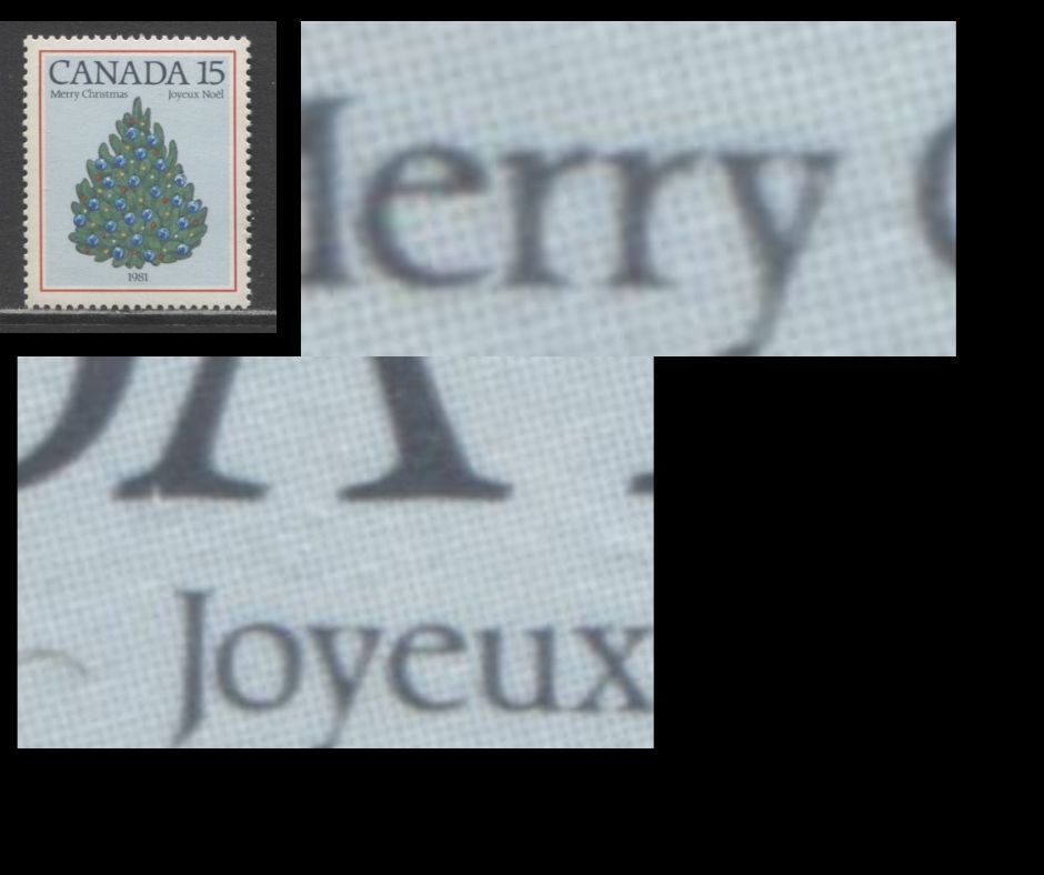 Lot 80 Canada #902var 15c Multicoloured Christmas Trees, 1981 Christmas Issue, A VFNH Single, Black Inscriptions Slightly Doubled, DF1/DF1 Paper