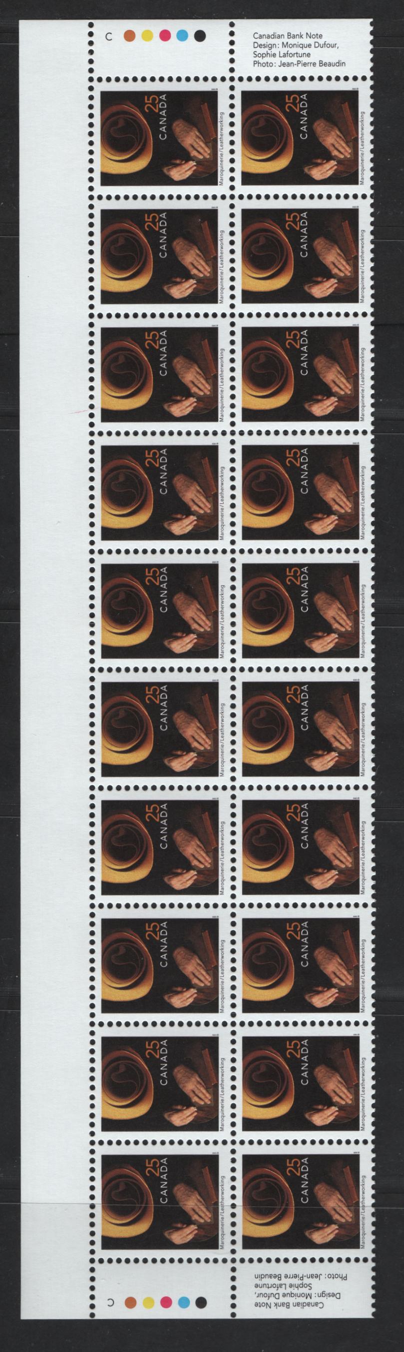 Lot 145 Canada #1680i 25c Leatherworking, 1999-2007 Traditional Trades Definitives, A VFNH Top Inscription Block Of 20 November 2001 CBN Reprint With Imperforate Selvedge And No Barcode, With Yellow-Orange Leather