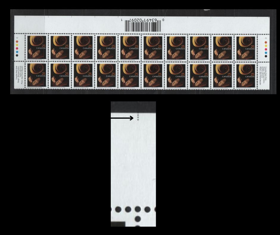 Lot 435 Canada #1680iivar 25c Leatherworking, 1999-2007 Trades Definitives, A VFNH Top Inscription Block Of 20 December 2001 CBN Reprint With Imperforate Selvedge And Inverted Barcode, With Guide Dots At The Base Of The Selvedge Along Each Column
