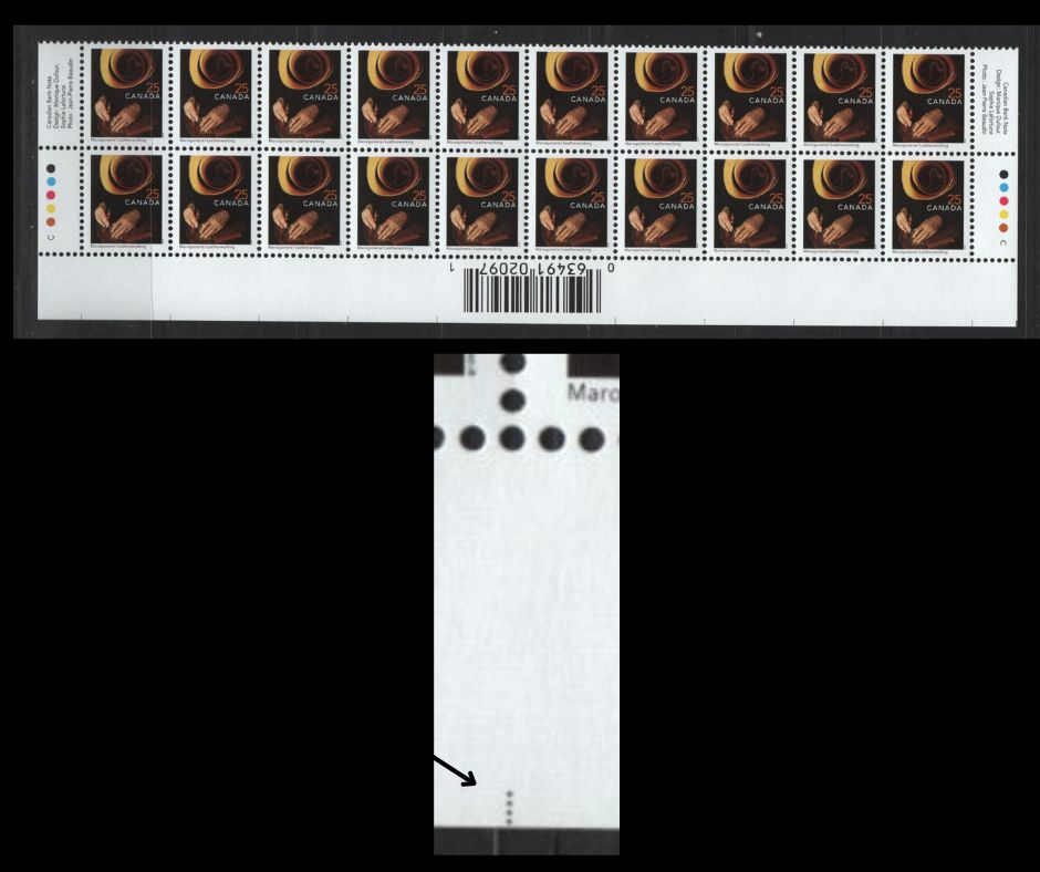 Lot 146 (C) Canada #1680iivar 25c Leatherworking, 1999-2007 Trades Definitives, A VFNH Top Inscription Block Of 20 December 2001 CBN Reprint With Imperforate Selvedge And Inverted Barcode, With Guide Dots At The Base Of The Selvedge Along Each Column