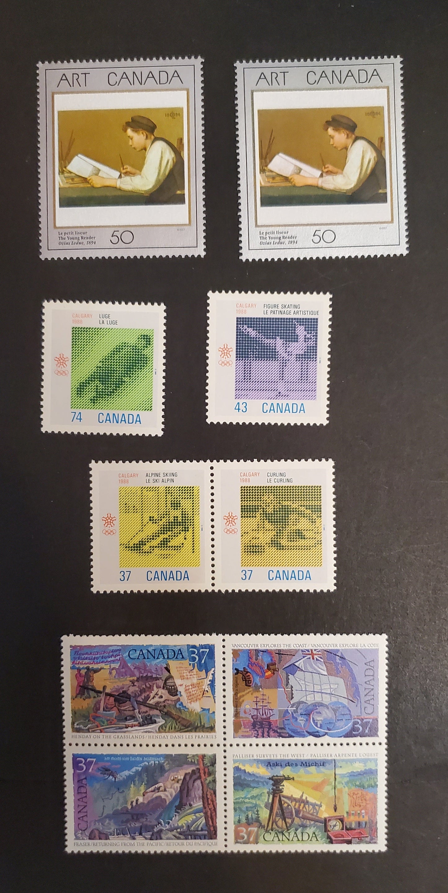 Lot 135 Canada #1195-1203i 36c-72c Multicoloured Various Subjects, 1988 Calgary Olympics - Art Canada Issues, 4 VFNH Singles, Pair & Block Of 4 DF/DF Slater & Harrison Papers, LF Harrison Paper