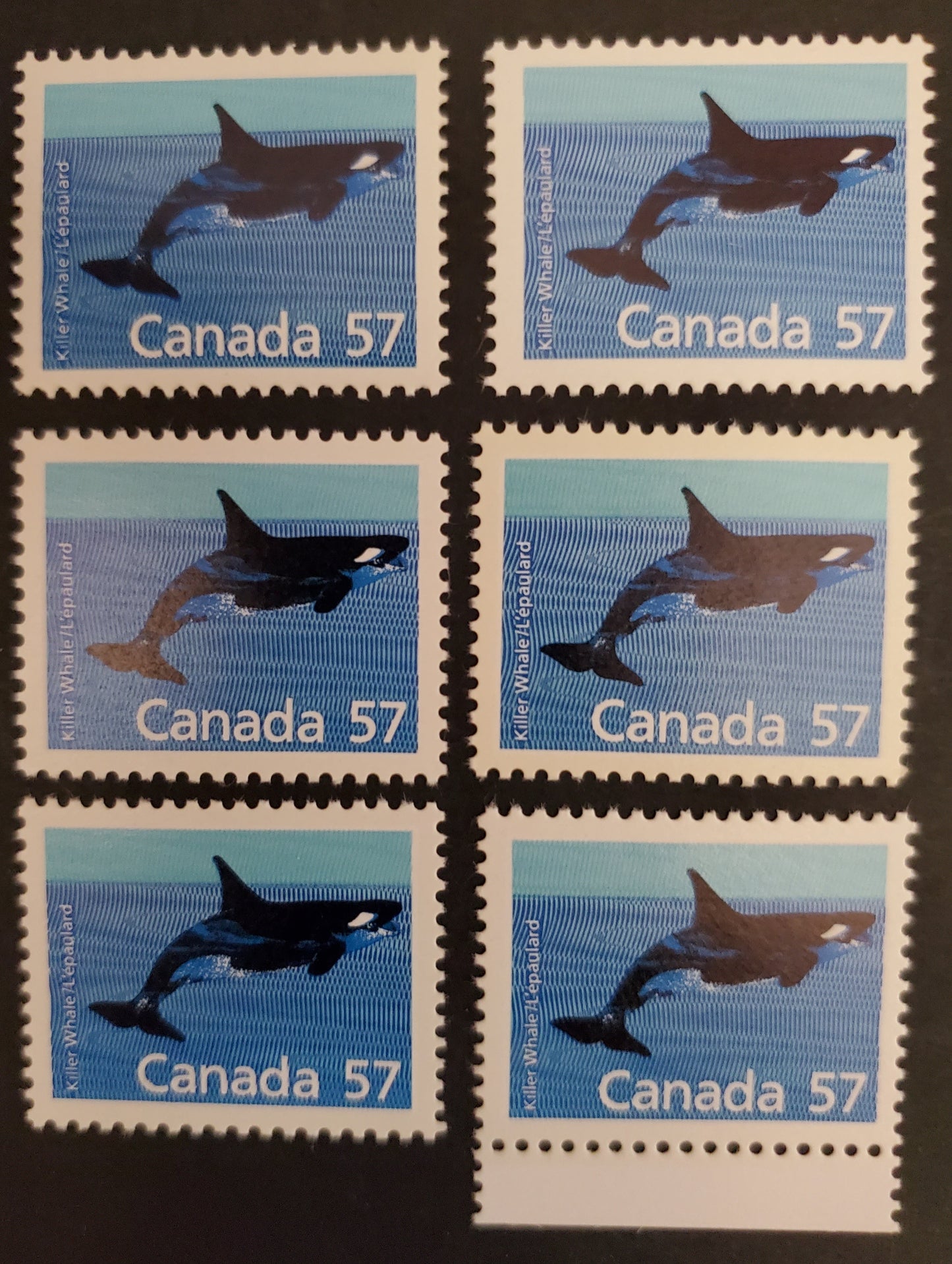 Canada #1173-1173i 57c Multicoloured Killer Whale, 1987-1991 Mammal & Architecture Issue, 6 VFNH Singles Various Rolland & Harrison Papers, Colourless & Cream Coloured Tagging