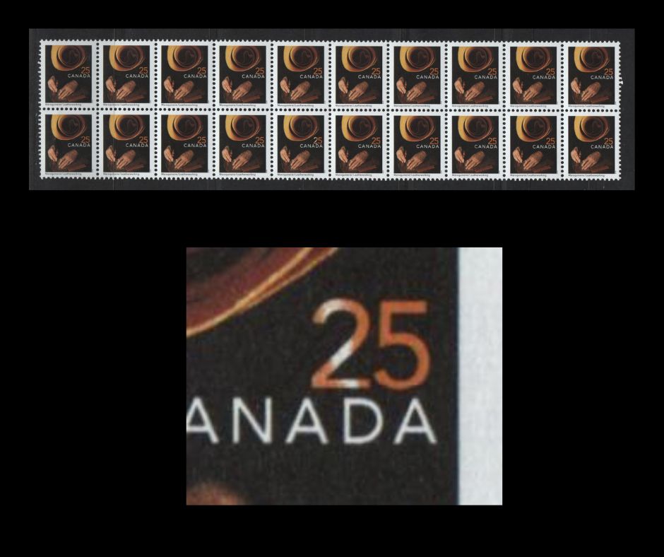 Lot 146 Canada #1680iii, ii 25c Multicoloured Leatherworking, 1999-2007 Traditional Trades Definitives, A VFNH Top Inscription Block Of 20 December 2001 CBN Reprint, Showing White Slash Through "2" Of "25" On Position 95, Constant