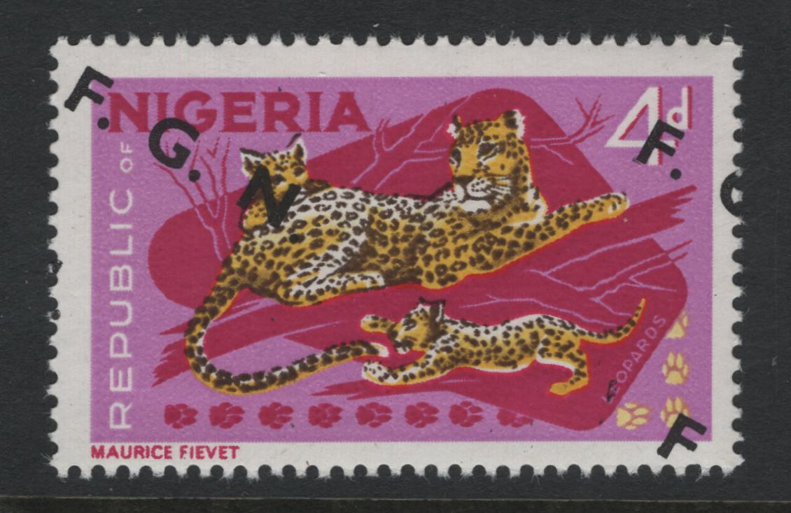 Lot 148 Nigeria SG#177avar 4d Leopards, 1966-1973 Wildlife Definitives, A Fine NH Single On MF/DF Paper, Crackly Gum Arabic, Pink Background Under UV, Downward Slanted FGN Overprint, One Overprints & Parts Of Several Visible, Scarce, 1st Time Offered!