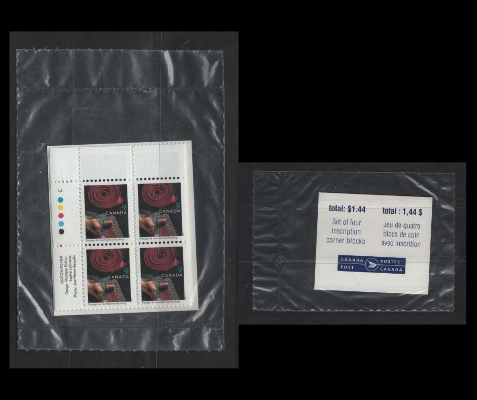Canada #1678 9c Multicoloured Quilting, 1999-2007 Traditional Trades Definitives, A VFNH Sealed Pack of Inscription Blocks Type 7B DF Blue & White Cardboard Insert