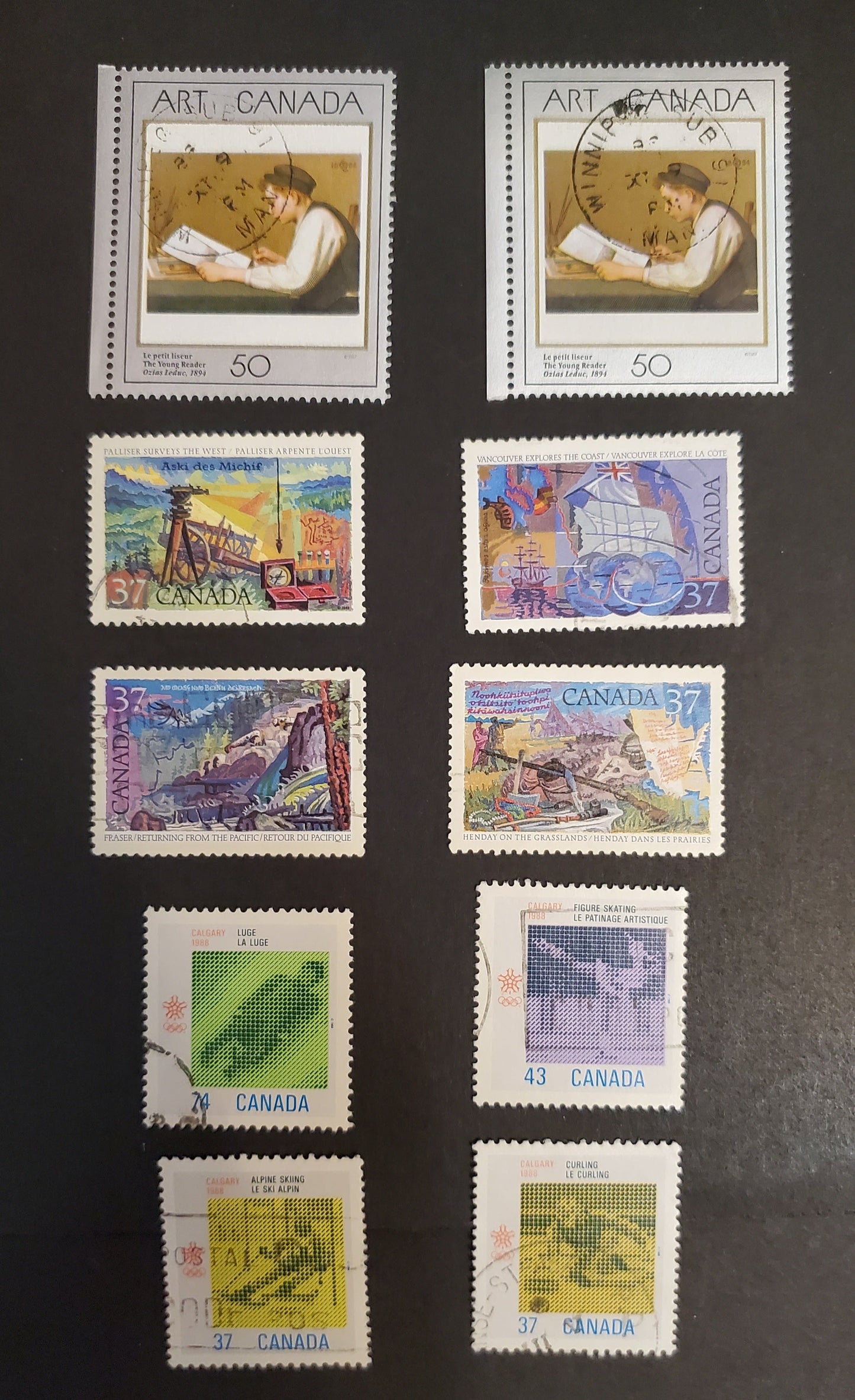 Lot 136 Canada #1195-1203i 36c-72c Multicoloured Various Subjects, 1988 Calgary Olympics - Art Canada Issues, 10 VF Used Singles On DF/DF Slater & Harrison Papers And LF Harrison Papers