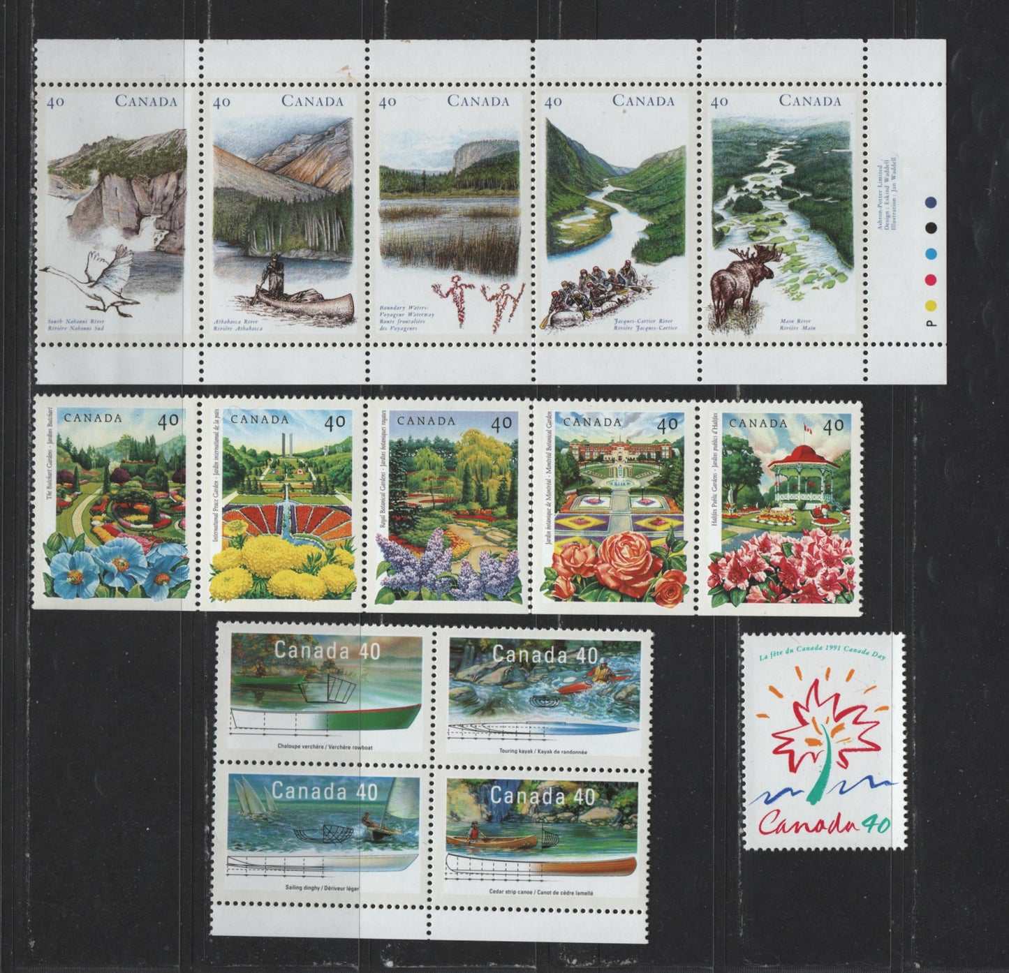 Canada #1315a, 1316, 1320a, 1325a 40c Multicoloured The Butchart Gardens - Main River, NL, 1991 Public Gardens - Heritage Rivers Issue, 2 VFNH Se-Tenant Strips Of 5 & Se-Tenant Block On NF/DF Coated Papers Paper, NF/DF & NF/LF Peterborough Paper