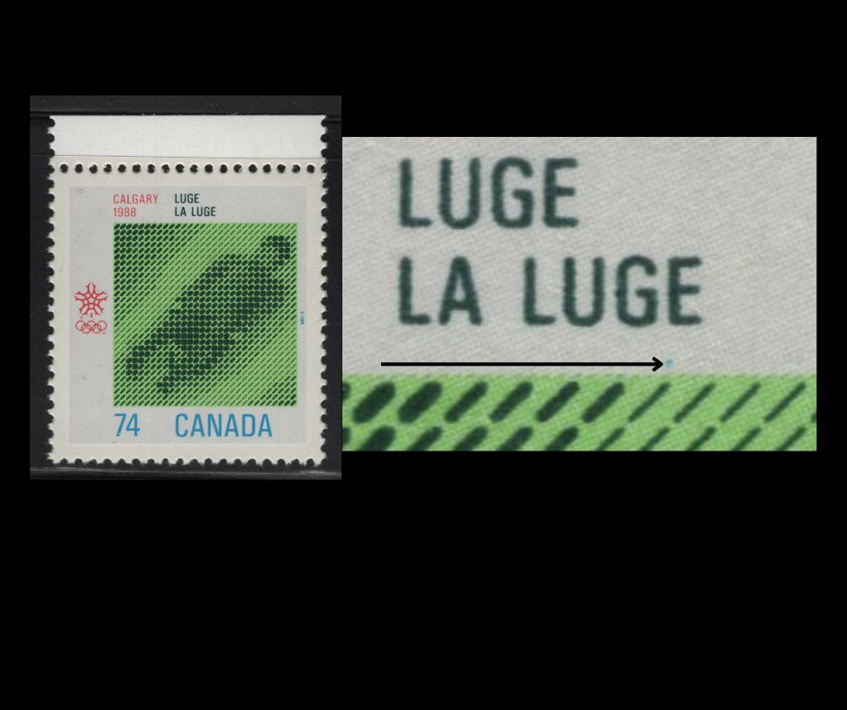 Canada #1198var 74c Multicoloured Luge, 1988 Calgary Olympics Issue, A VFNH Single With Dot Under "GE" Of "Luge", Pos. 2, Possibly Constant!