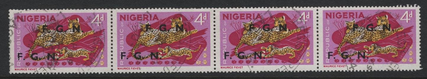 Nigeria SG#177avar 4d Leopards, 1966-1973 Wildlife Definitives, A Fine Used Strip Of 4 On MF/DF Paper, Pink Background Under UV, FGN Overprint, With Clear Lagos April 1969 Registry Cancel, From The Usage By Lagos Tax Services Office, Rare