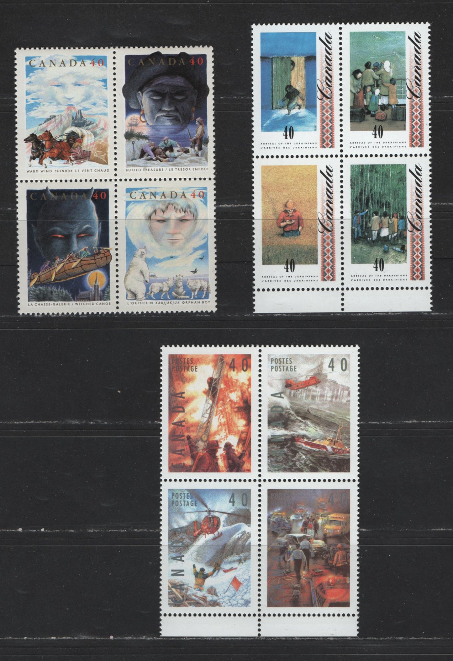 Canada #1329a, 1333a, 1337a 40c Multicoloured Shipboard - Buried Treasure, 1991 Arrival Of Ukranians - Folklore Issues, 3 VFNH Se-Tenant Blocks On DF/DF Harrison Paper & NF/DF Coated Papers Papers