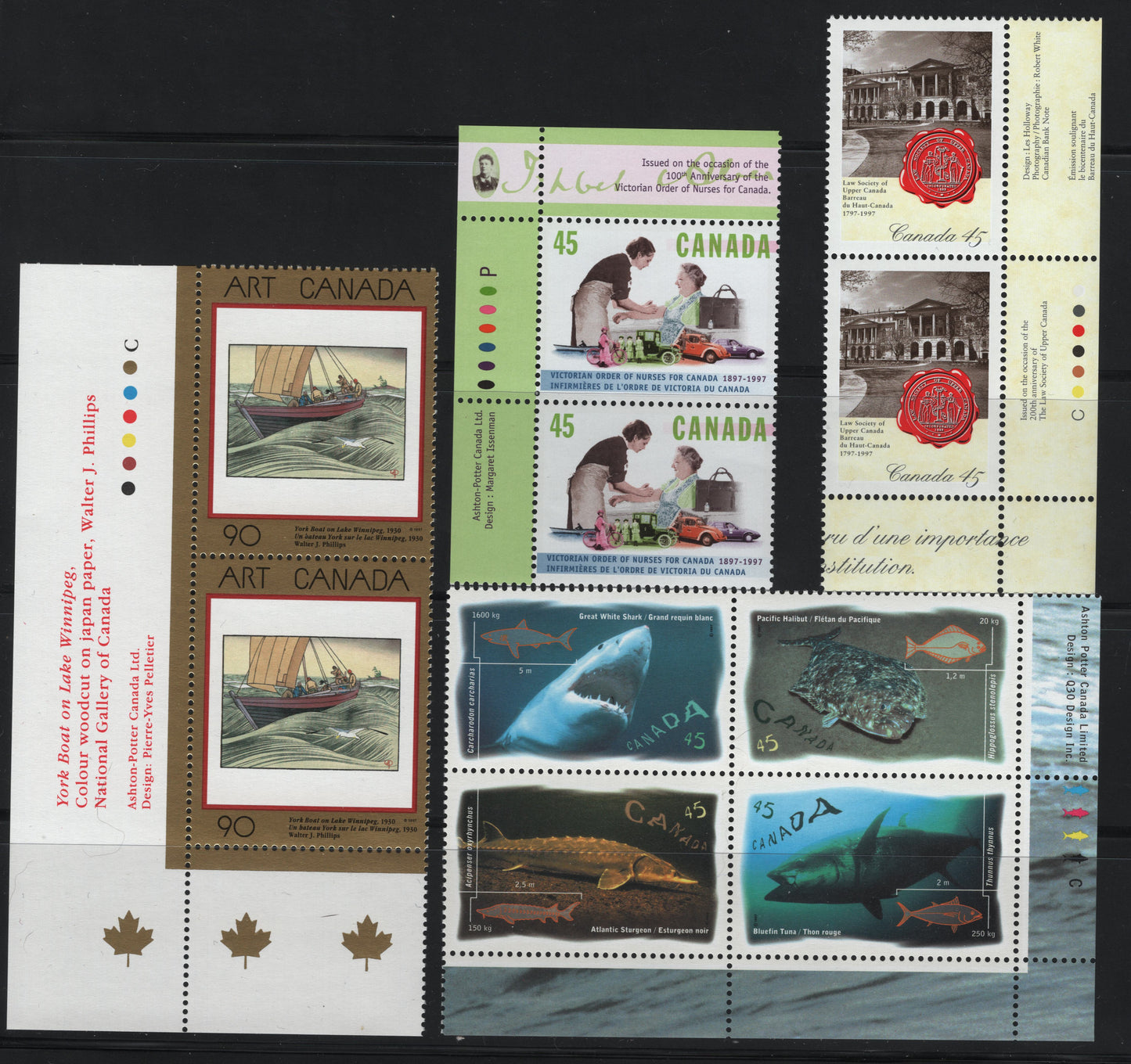 Canada #1635, 1639-1644 45c Multicoloured York Boat On Lake Winnipeg - Bluefin Tuna , 1997 Ocean Water Fish Issue, 3 VFNH Inscription Pairs & Inscription Block