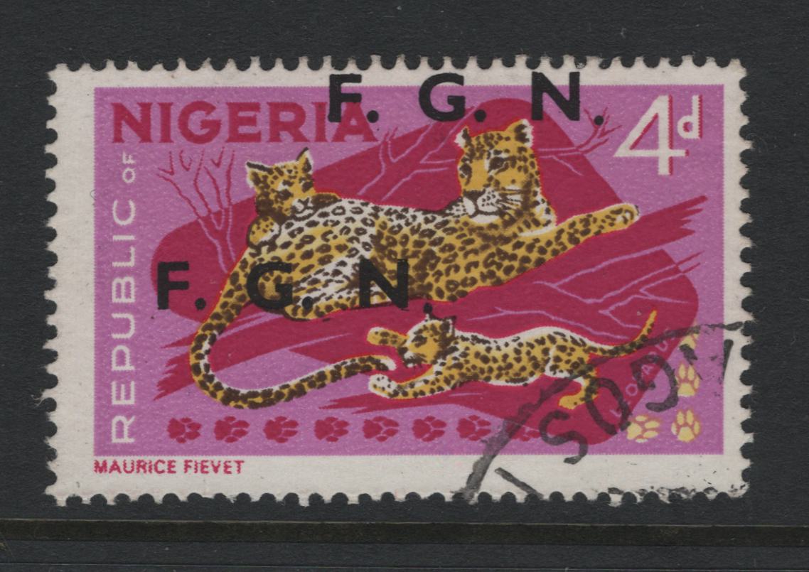Lot 148 Nigeria SG#177avar 4d Leopards, 1966-1973 Wildlife Definitives, A Fine Used Single On MF/DF Paper, Pink Background Under UV, FGN Overprint Shifted Upward, With Lagos Registry Cancel, Though Date Not Visible, Rare, First Time Offered
