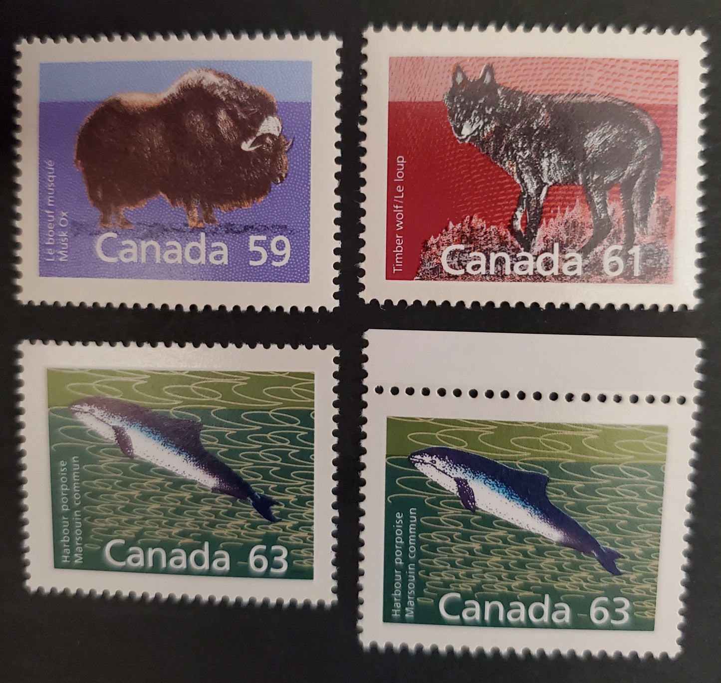 Canada #1174-1176a 59c-63c Multicoloured Musk Ox - Harbour Porpoise, 1987-1991 Mammal & Architecture Issue, 4 VFNH Singles All Different Printings, See Description