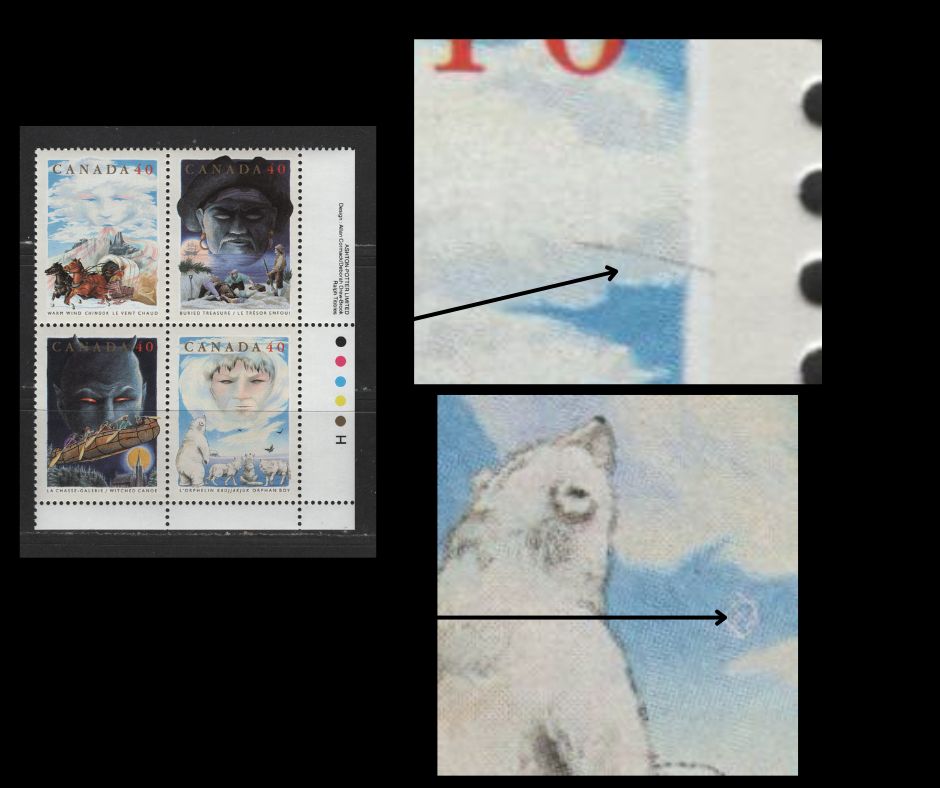 Canada #1337a 40c Multicoloured Witched Canoe - Buried Treasure, 1991 Canadian Folklore Issue, A VFNH LR Inscription Block On DF/DF Harrison Paper With Tertiary Scratch Across Sky (Pos. 39) & Blemish To Right Of Polar Bear (Pos. 50)