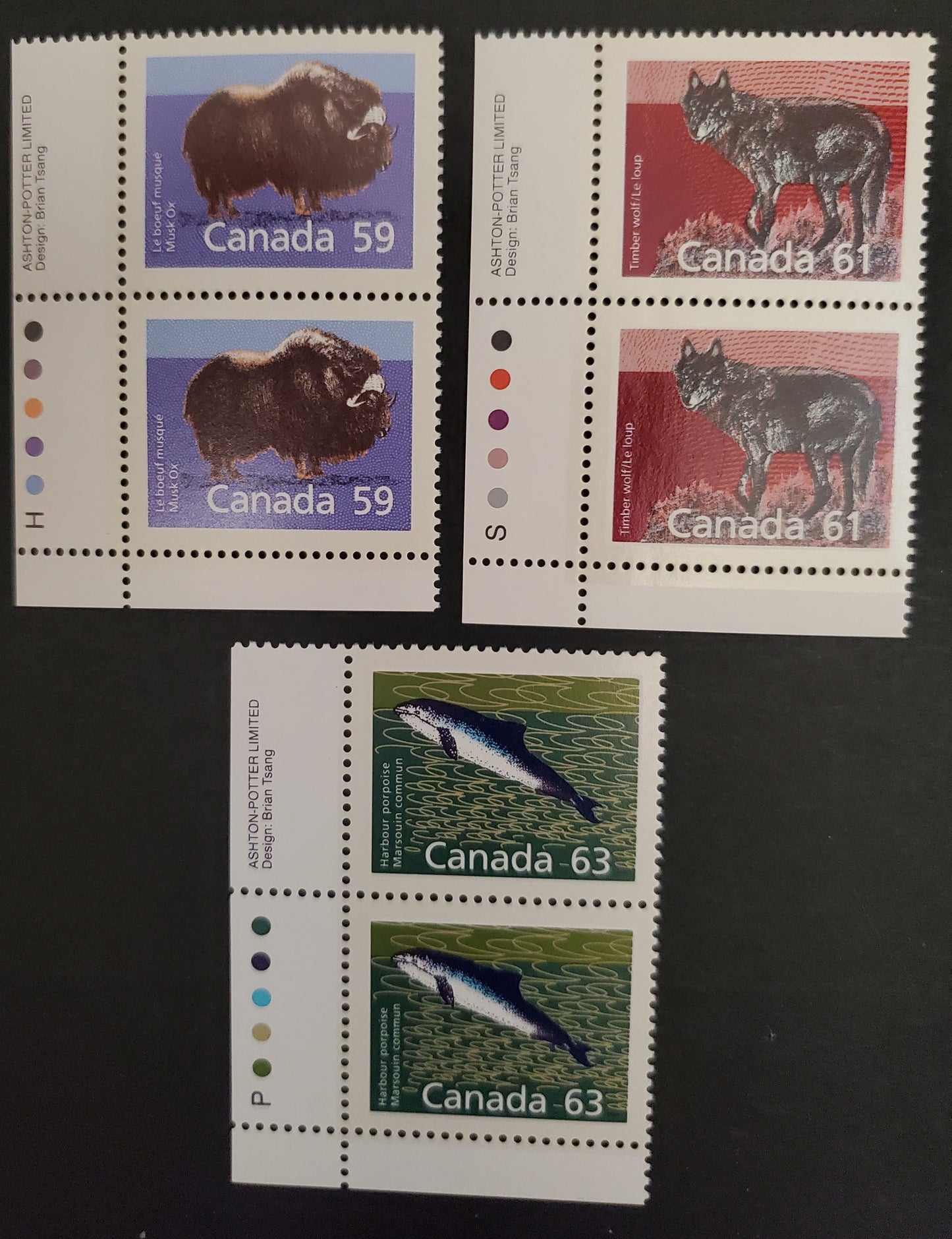 Lot 82 Canada #1174-1775, 1176a 59c-63c Multicoloured Musk Ox - Harbour Porpoise, 1987-1991 Mammal & Architecture Issue, 3 VFNH Inscription Pairs All Different Printings, See Description