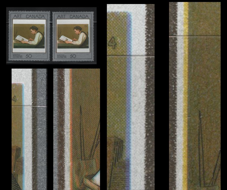 Lot 136 Canada #1203var, 1203ivar 50c Multicoloured The Young Reader, 1988 Art Canada Issue, 2 VFNH Singles LF & DF Harrison Paper, Significant Leftward & Rightward Shifts of Yellow,Light Blue & Dull Red