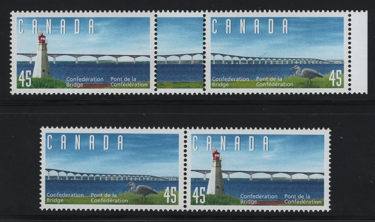 Canada #1646a, i 45c 1997 Confederation Bridge Issue, A VFNH Stamp-Tab-Stamp Pair & Pair On DF1 Coated Papers Paper, Showing Blurring Of Inscriptions Due To Leftward Shift Of The Dark Blue Into The White Lettering