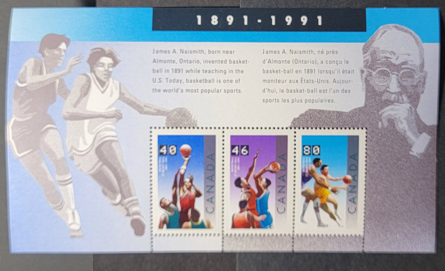 Canada #1344 40c-80c Multicoloured Basketball Players, 1991 Basketball Centenary Issue, A VFNH Souvenir Sheet Of 3 On NF/LF Coated Papers Paper