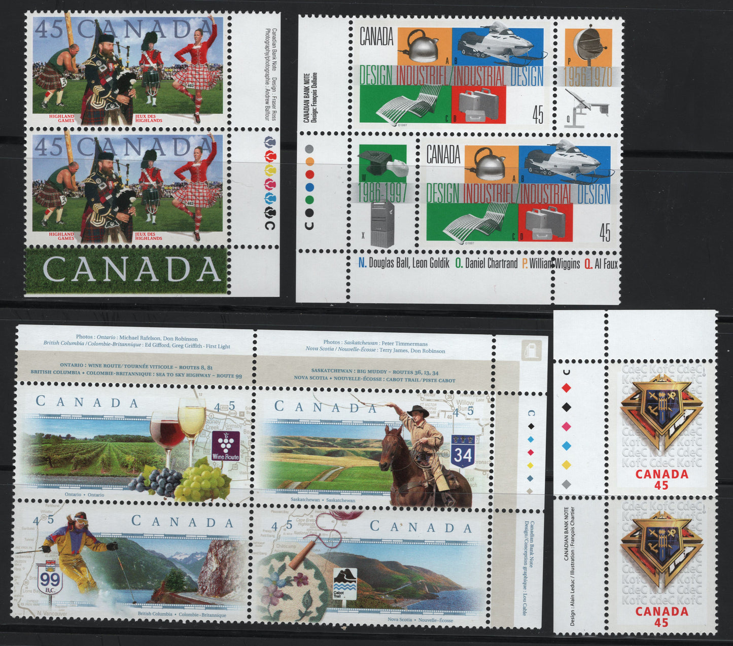 Canada #1653a-1656 45c Multicoloured Sea To Sky Highway - Knights Of Columbus Emblem, 1997 Scenic Highways - Knights Of Columbus Issues, 3 VFNH Inscription Pairs & Inscription Block