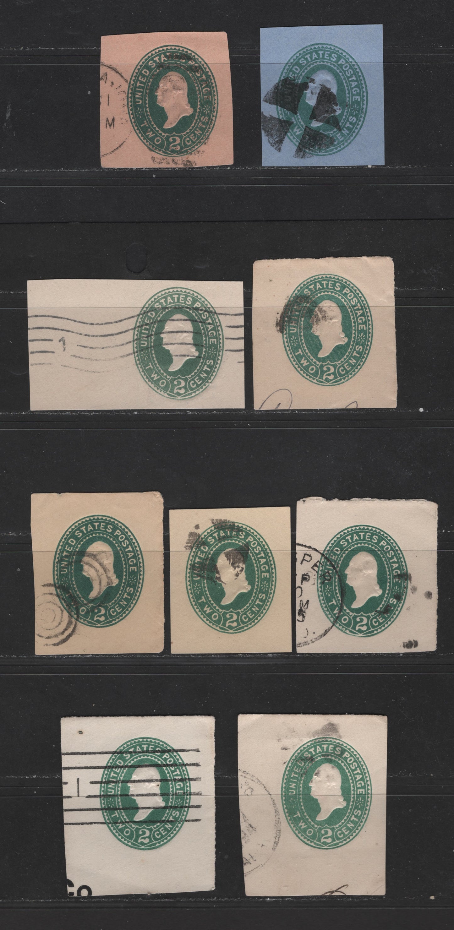 United States Of America #U311-U313 2c Green, Deep Green, Bluish Green George Washington, 1887-1894 Plimpton Issue, 8 Fine & VF Used Singles Die 2 On White, Amber, Manila, Blue & Oriental Buff Papers