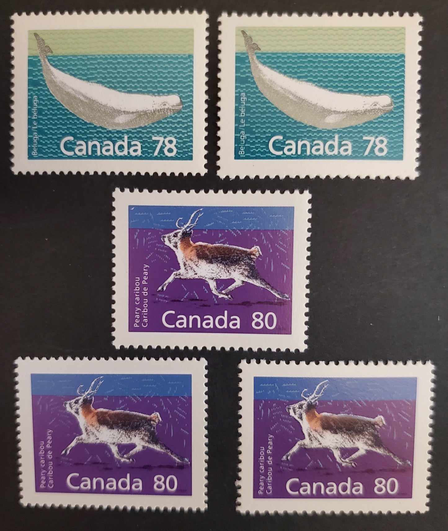 Canada #1179-1180a 78c & 80c Multicoloured Beluga Whale & Peary Caribou, 1987-1991 Mammal & Architecture Issue, 5 VFNH Singles All Different Printings, See Description