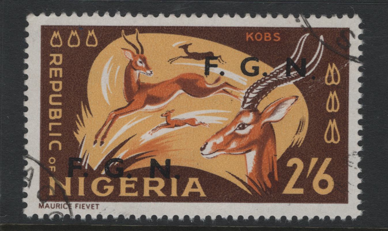 Lot 149 Nigeria SG#182var 2/6d Kobs, 1966-1973 Wildlife Definitive Issue, A VF Used Single On HF/Mottled HF Paper, Deep Red Brown Background, Overprinted FGN Horizontally, Postally Used, Light Lagos Corner CDS, Rare, First Time We Have Seen Or Offered