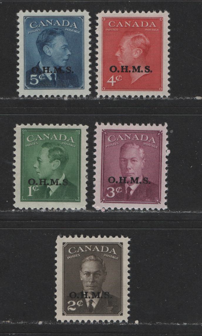 Lot 101 Canada #O12-O15A 1c-5c Green - Deep Blue King George VI & Drying Furs, 1949-1952 Postes-Postage Issue, 5 VFNH Singles Overprinted OHMS