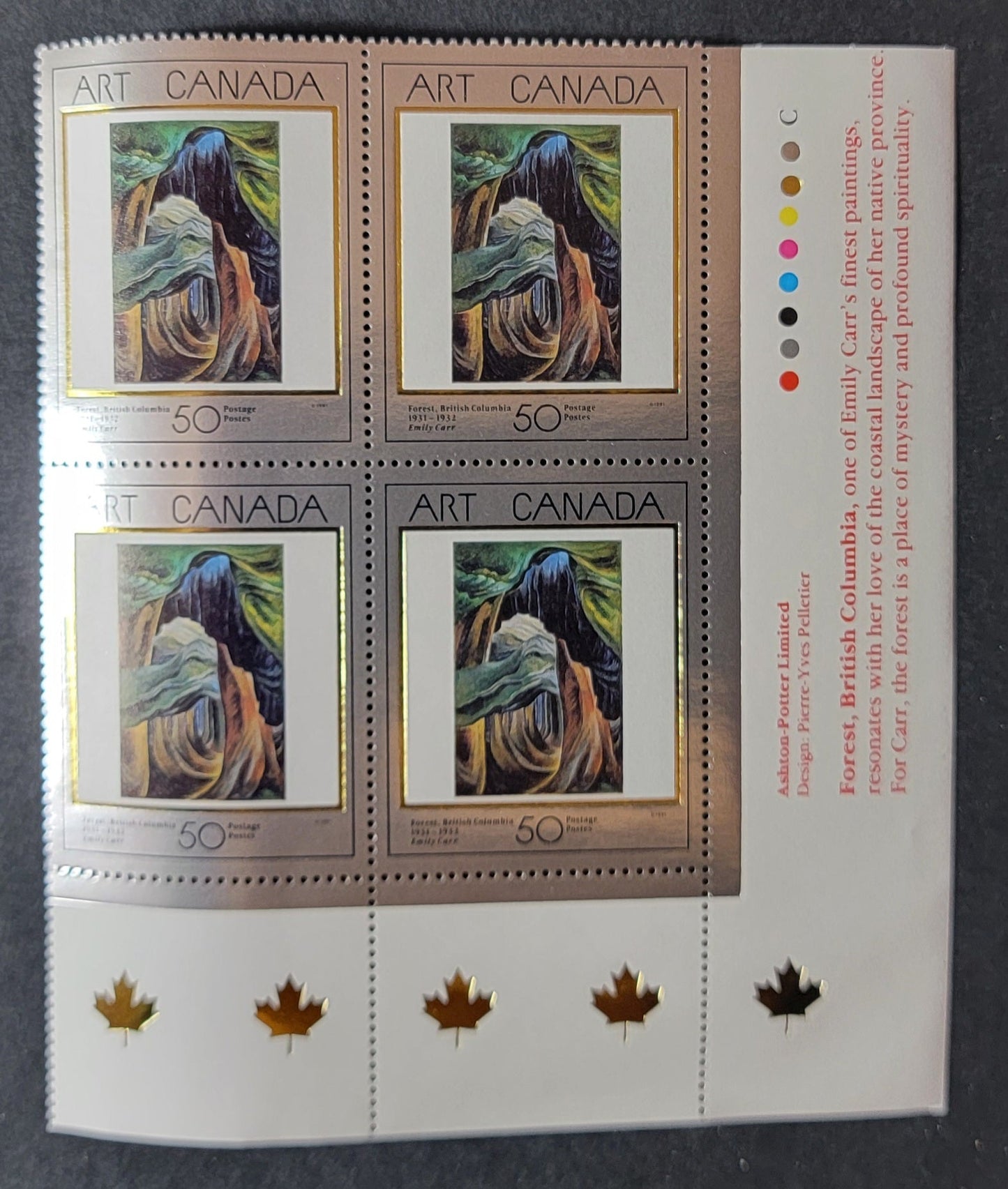 Canada #1310 50c Multicoloured Forest, British Columbia, 1991 Masterpieces of Canadian Art Issue, A VFNH LR Inscription Block On NF/DF Coated Papers Paper