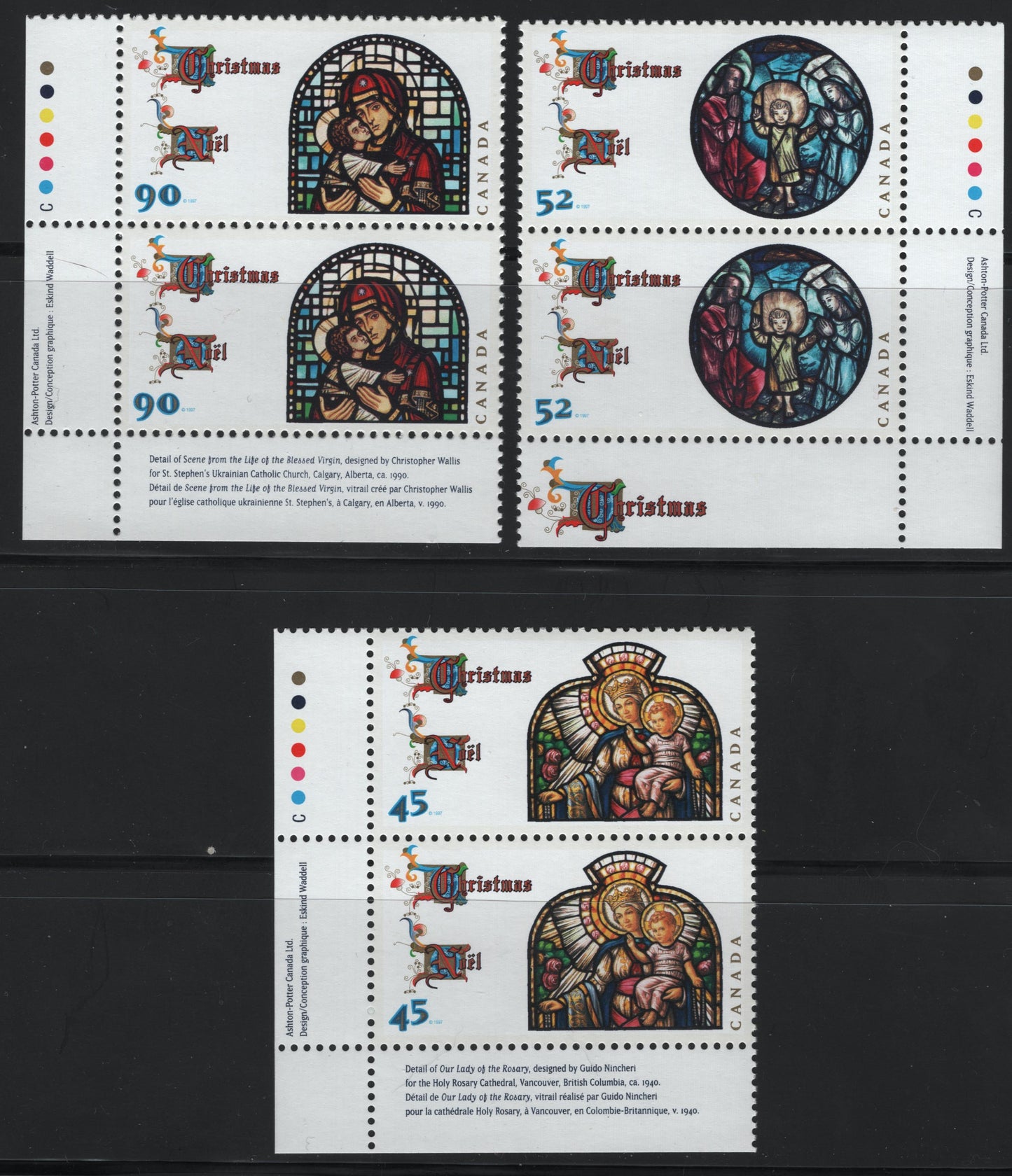 Canada #1669-1671 45c-90c Multicoloured Our Lady Of The Rosary - Life Of The Blessed Virgin, 1997 Christmas Issue, 3 VFNH Inscription Pairs