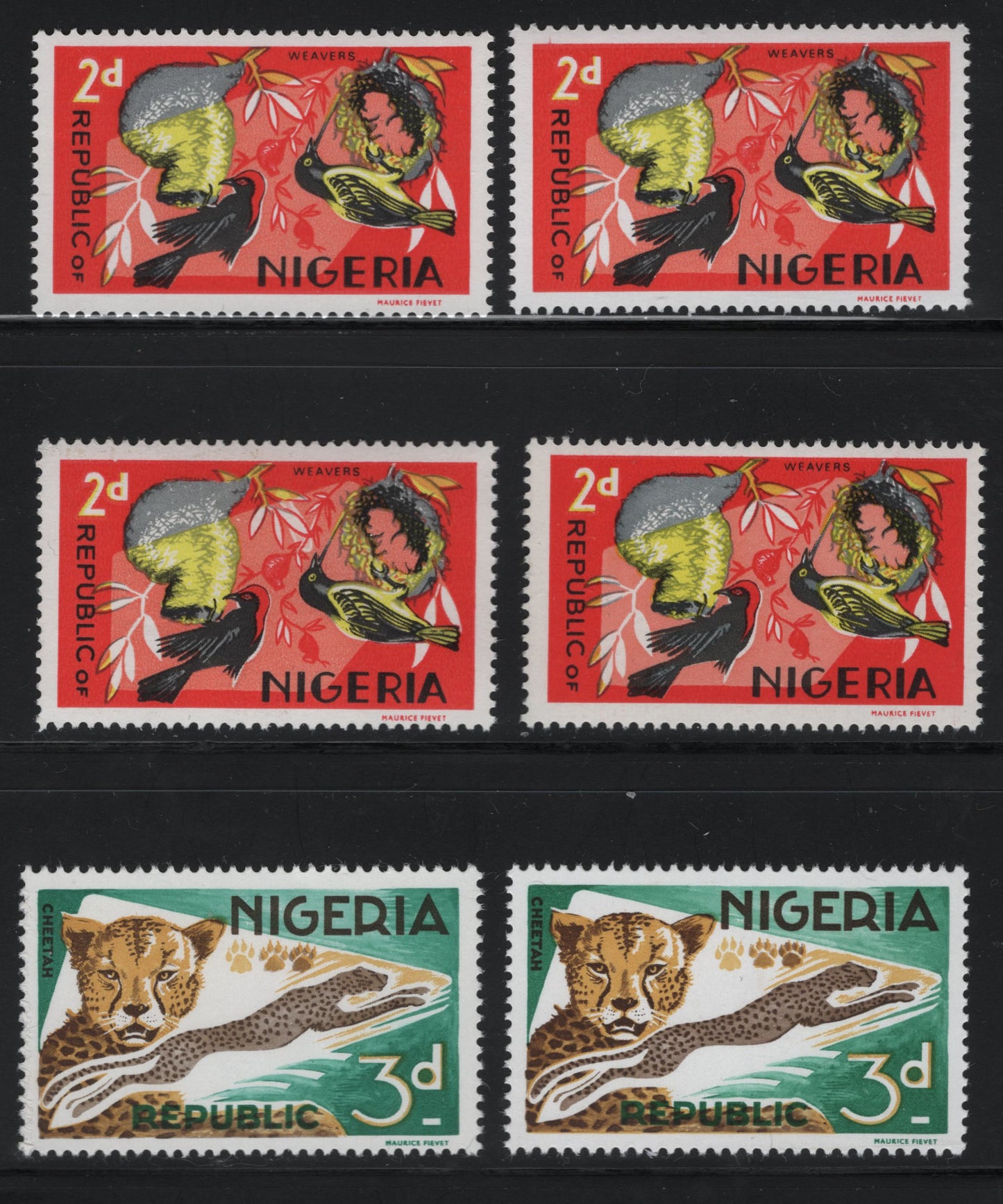 Lot 104 Nigeria #187-188 2d-3d Multicoloured Weavers & Cheetah, 1965-1966 Wildlife Issue, 6 VFNH Singles All With Different Front & Back Levels Of Fluorescence