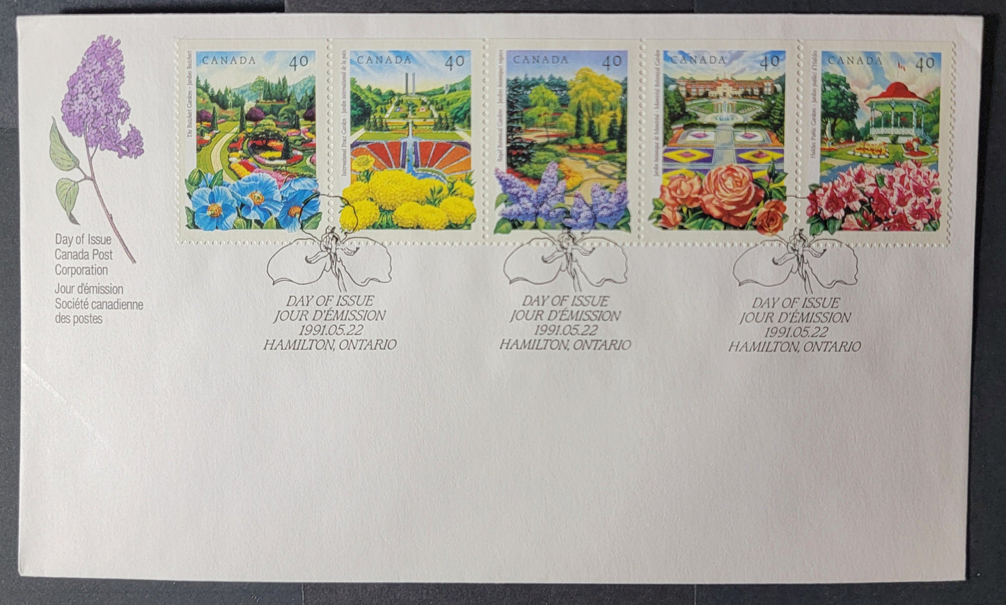 Canada #1315a 40c Multicoloured The Butchart Gardens - Halifax Public Gardens, 1991 Public Gardens Issue, A VF Official Canada Post FDC MF White Envelope Franked With A Se-Tenant Strip Of 5