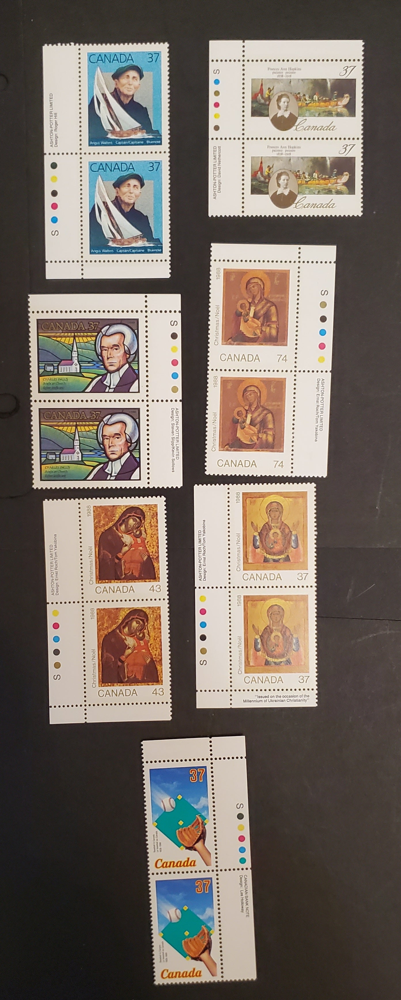 Lot 137 Canada #1221-1224, 1226-1228 37c-74c Multicoloured Various Subjects, 1988 Baseball - Angus Walters Issue, 8 VFNH Inscription Pairs