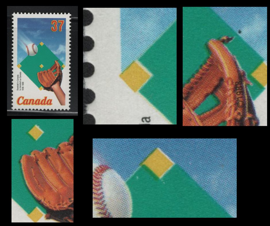Lot 137 Canada #1221var 37c Multicoloured Baseball, Diamond & Glove, 1988 Baseball Issue, A VFNH Single Showing Misalignent of Yellow Squares