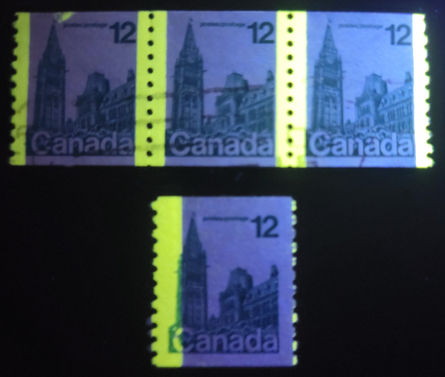 Canada #729T1, 729var 12c Light Blue Parliament Buildings, 1977-1982 Floral & Environment Issue, A VF Used Coil Strip Of Three & Single On LF/LF Paper, With Taggant Smudge At Top Of Stamp and G2aL Tagging Error
