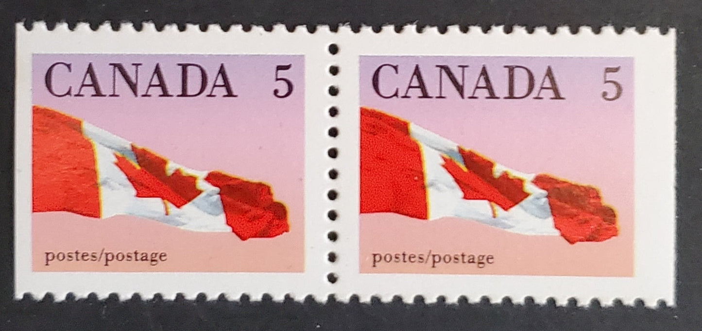 Lot 85 Canada #1185a 5c Multicoloured Canadian Flag, 1987-1991 Mammal & Architecture Issue, A VFNH Booklet Pair Slater Paper, Perf. 12.5 x 13