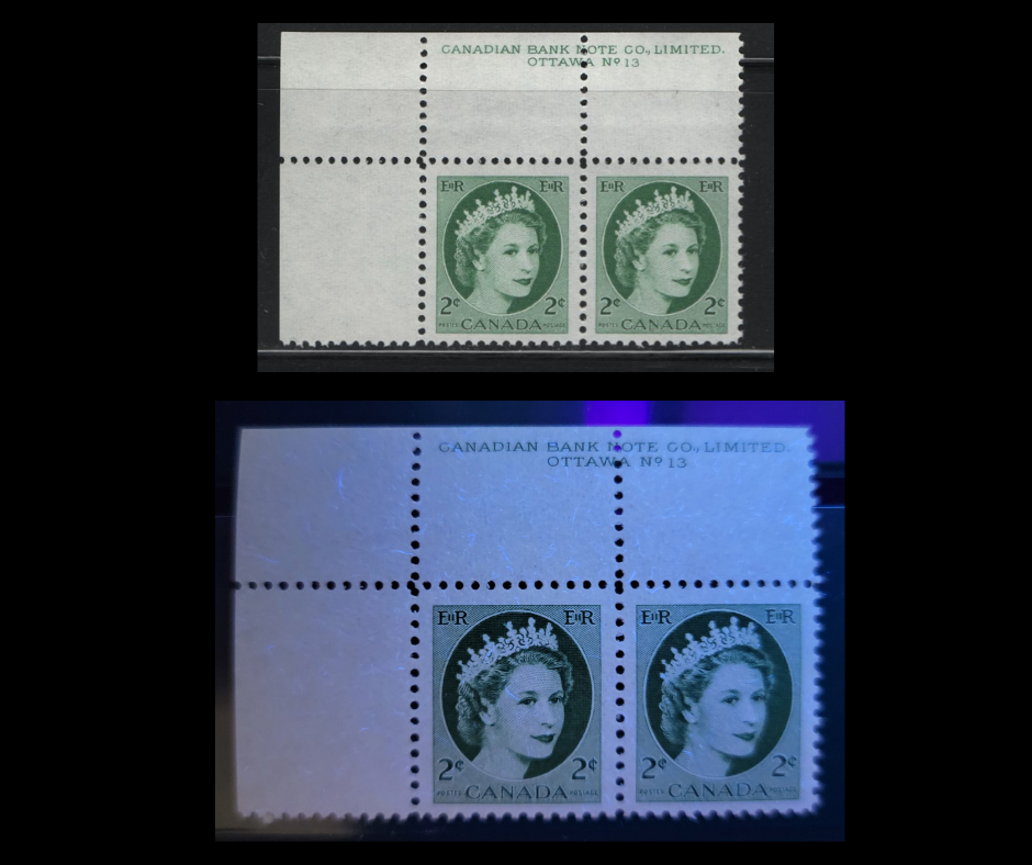 Canada #338v 2c Green Queen Elizabeth II, 1954-1962 Wilding Issue, A VFNH Plate 13 Pair On DF1 Greyish Flecked Vertical Ribbed Horizontal Wove Paper, Sparse Concentration Of LF Fibes, Streaky Semi-Gloss Gum