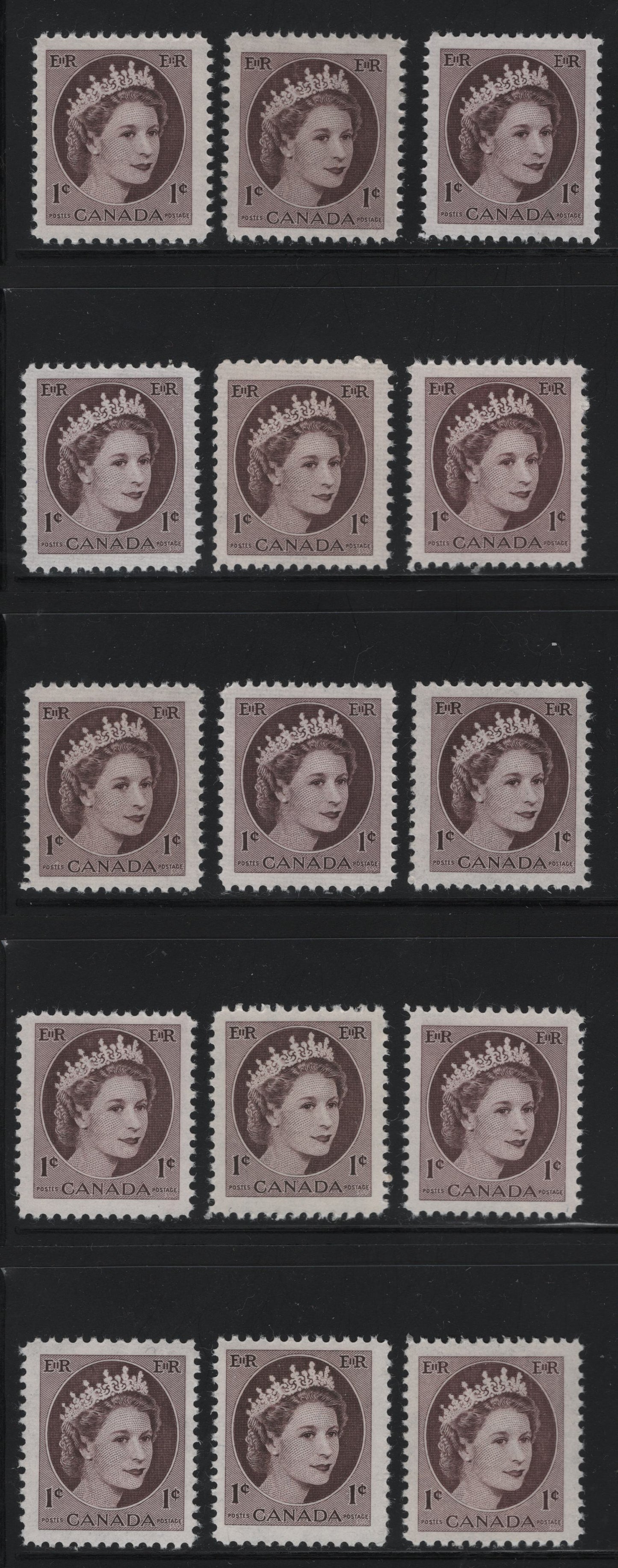 Canada #337 1c Violet Brown, Reddish Violet Brown & Chocolate Brown, 1954-1962 Wilding Issue, 15 VFNH Singles DF1 & DF2 Ribbed/Ribbed, DF1 Ribbed/Smooth, DF1 & DF2 Smooth/Smooth, And DF1 & DF2 Smooth/Ribbed Papers, Various Shades & Gums