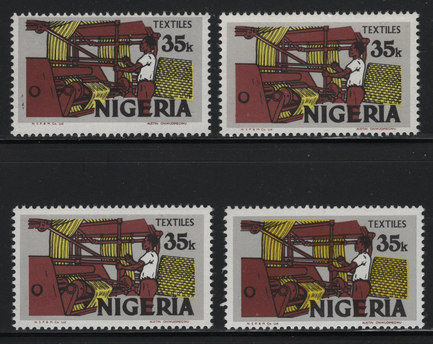 Lot 114 Nigeria #304 35k Textiles, 1973-1974 Nigerian Life & Industry Definitive Issue - Unwatermarked & Lithographed, 4 Fine & VFNH Singles Various Shiny PVA Gum Printings, Different Shades & Fluorescent Papers, Different From Lots 495 and 499