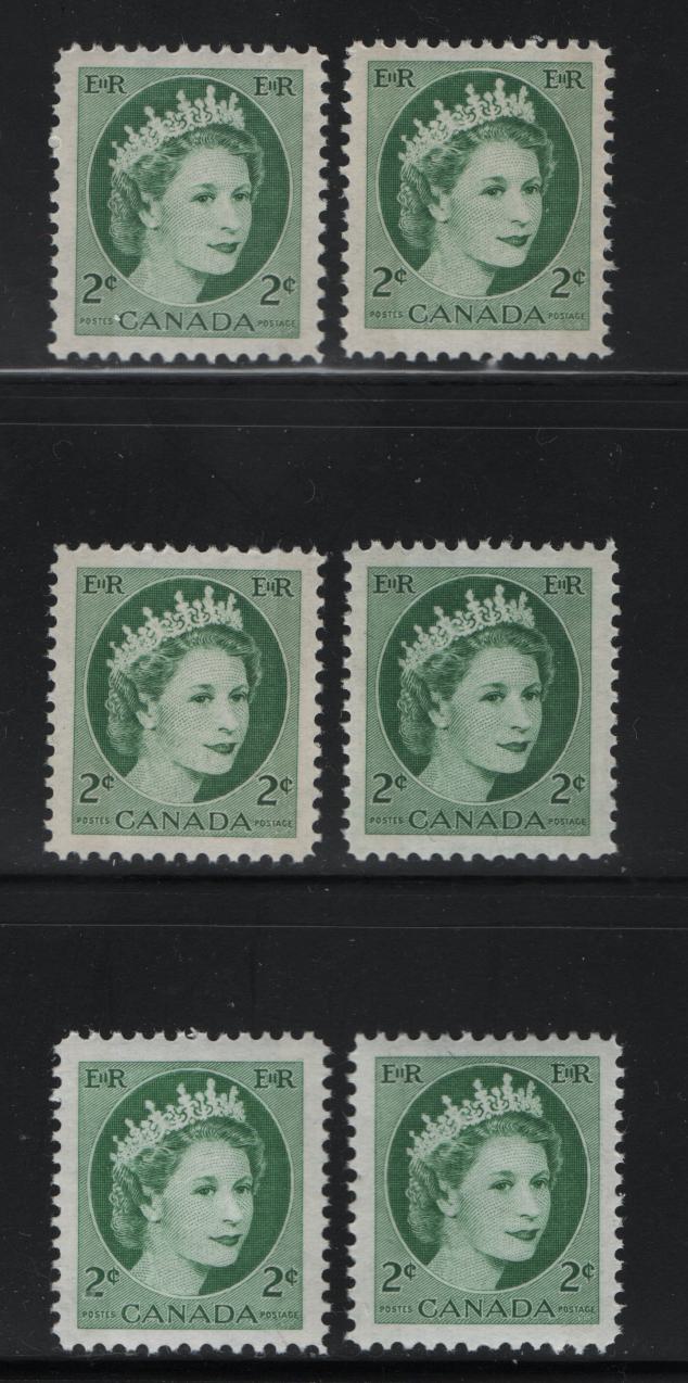 Canada #338p 2c Green Queen Elizabeth II, 1954-1962 Wilding Issue, 6 VFNH Singles Winnipeg Tagged, On Various Papers, With Various Different Tagging Intensities & Shades
