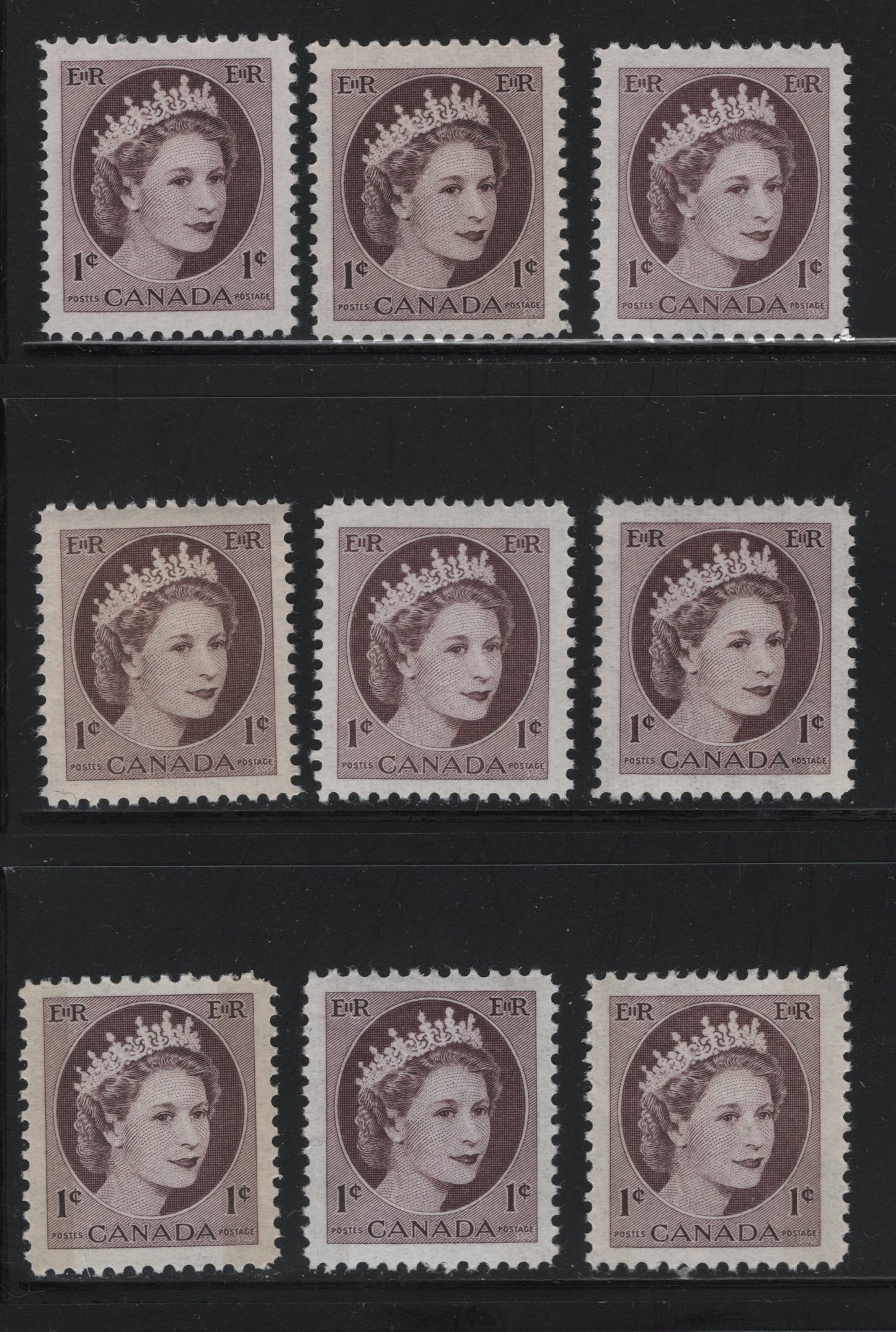 Canada #337v, p 1c Light Violet Brown & Reddish Chocolate Queen Elizabeth II, 1954-1962 Wilding Issue, 9 VFNH Singles All DF1 and DF2 On Vertical Ribbed Paper, Various Shades, Semi-Gloss & Satin Cream Gum, Winnipeg Tagged & Untagged