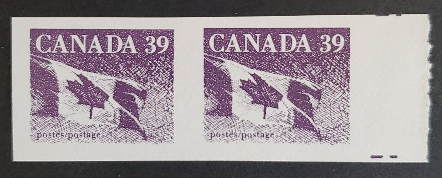 Lot 86 Canada #1194BF 39c Slate Violet Canadian Flag, 1987-1991 Mammal & Architecture Issue, VFNH Imperf Coil Pair The Montreal Lithographed Forgery, Right Sheet Margin Pair With Guide Markings