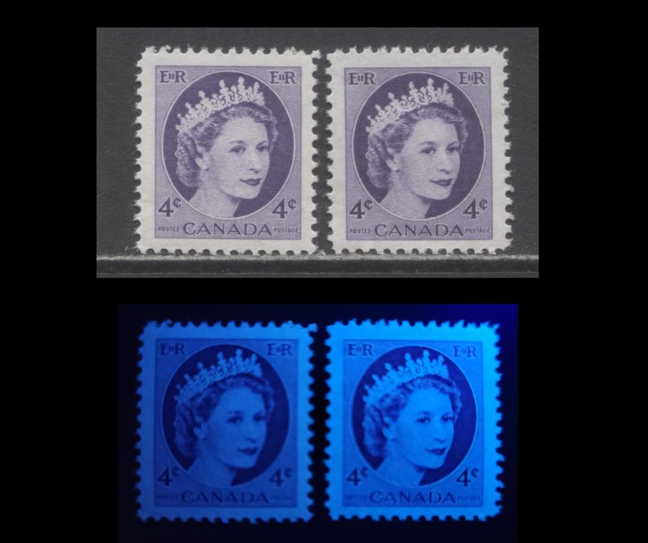 Canada #340ii 4c Violet & Deep Violet Queen Elizabeth II, 1954-1962 Wilding Issue, 2 VFNH Singles On LF3-fl Bluish White Smooth Paper With Smooth Semi-Gloss Gum