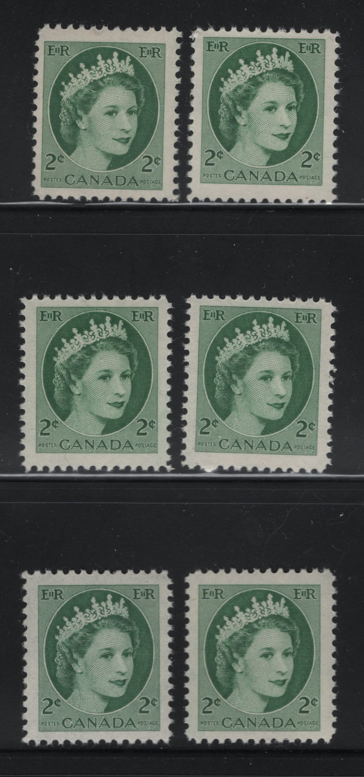 Canada #338 2c Green & Light Myrtle Green Queen Elizabeth II, 1954-1962 Wilding Issue, 6 Fine & VFNH Singles On DF1 Yellowish Ivory Smooth/Smooth Paper, Smooth & Streaky Satin Gum