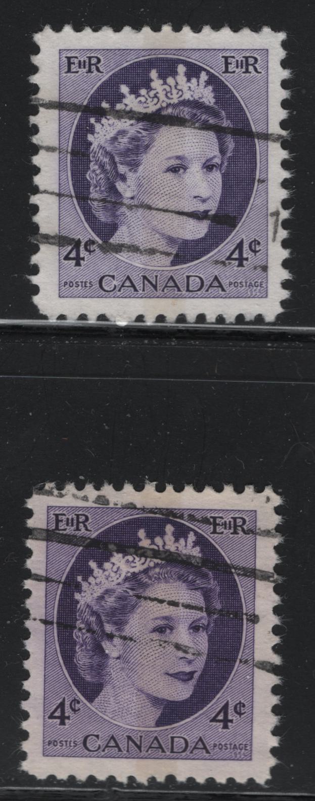 Canada #340p 4c Violet & Deep Bright Violet Queen Elizabeth II, 1954-1962 Wilding Issue, 2 VF Used Singles Light Yellowish Winnipeg Tag On DF1 Greyish Vertical Ribbed Paper