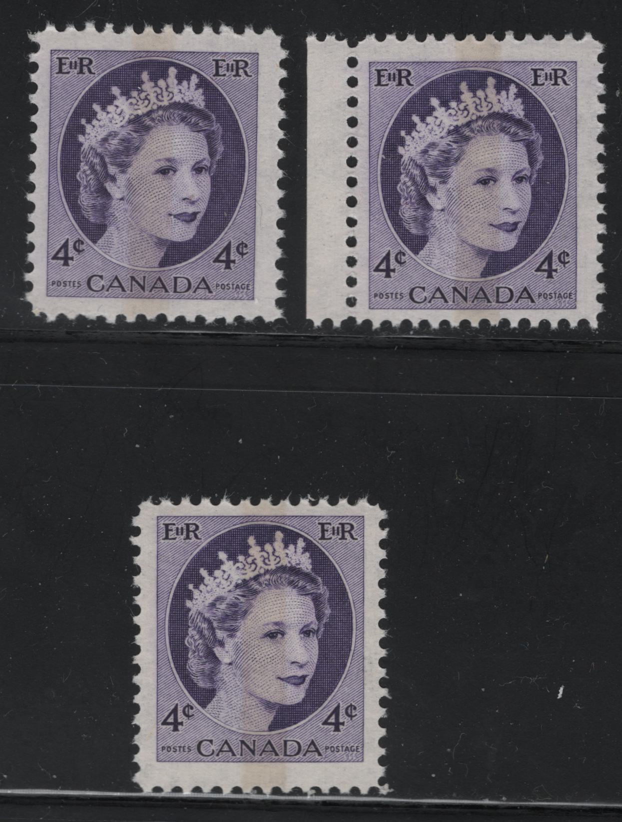 Canada #340p 4c Purple Violet & Violet Queen Elizabeth II, 1954-1962 Wilding Issue, 3 Fine NH Singles Yellowish Winnipeg Tagging, 4 mm Bar, On DF2 Greyish Smooth & Vertical Ribbed Paper, Smooth & Streaky Semi-Gloss Gum