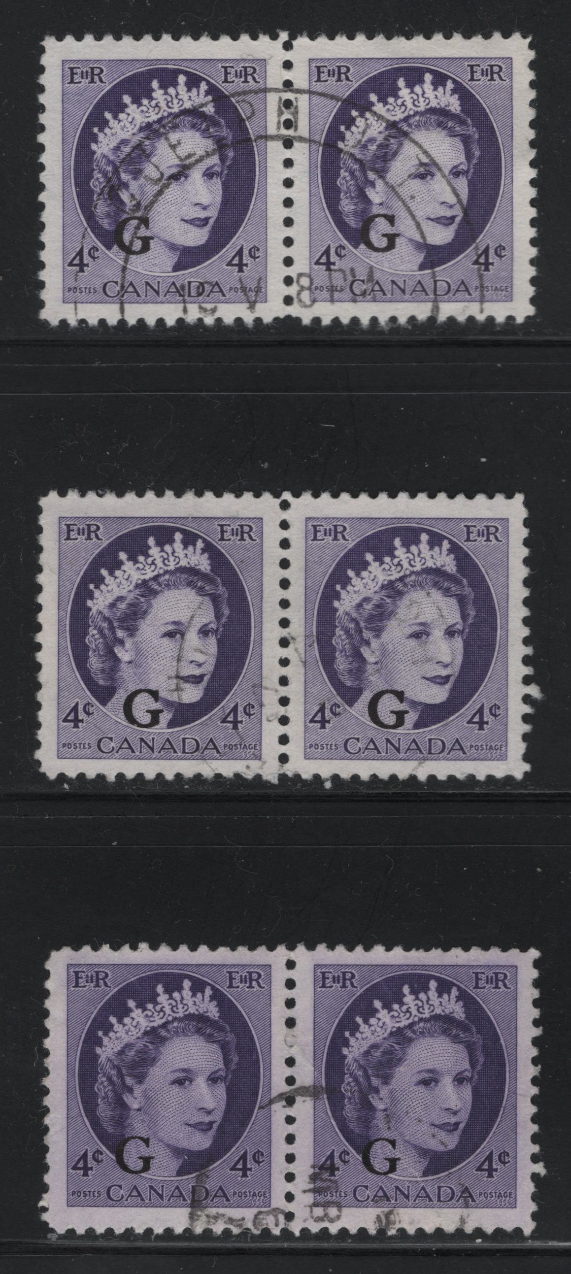 Canada #O43, O43i 4c Violet & Bright Violet Queen Elizabeth II, 1954-1962 Wilding Issue, 3 VF Used Pairs On DF Horizontal & Vertical Wove, Showing Normal Overprint Spacing