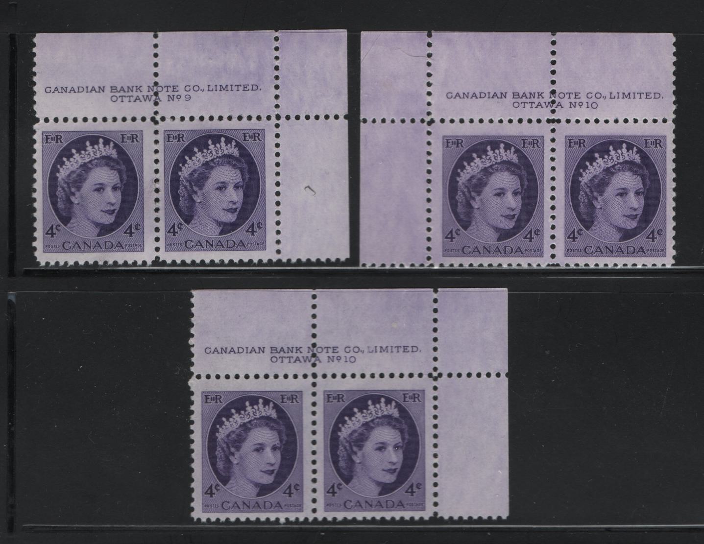 Canada #340 4c Violet Queen Elizabeth II, 1954-1962 Wilding Issue, 3 Fine & VF NH & OG Plate 9 & 10 Pairs On NF Grey Smooth/Ribbed & Smooth/Smooth Paper, With Smooth Satin & Semi-Gloss Gums