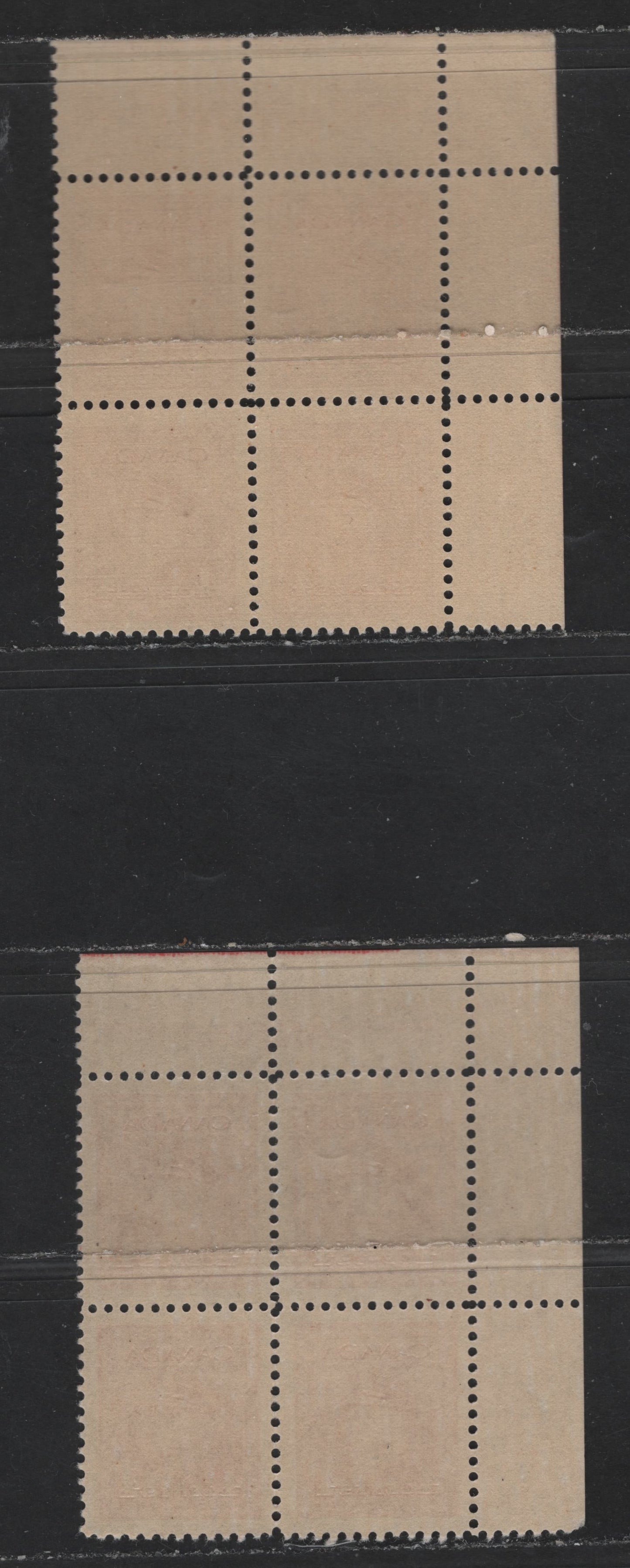 Canada #254 4c Carmine Red King George VI, 1942-1949 War Issue, 2 VFNH UL Plate 32 & 47 Blocks On Horizontal Ribbed Paper With Cream Gum