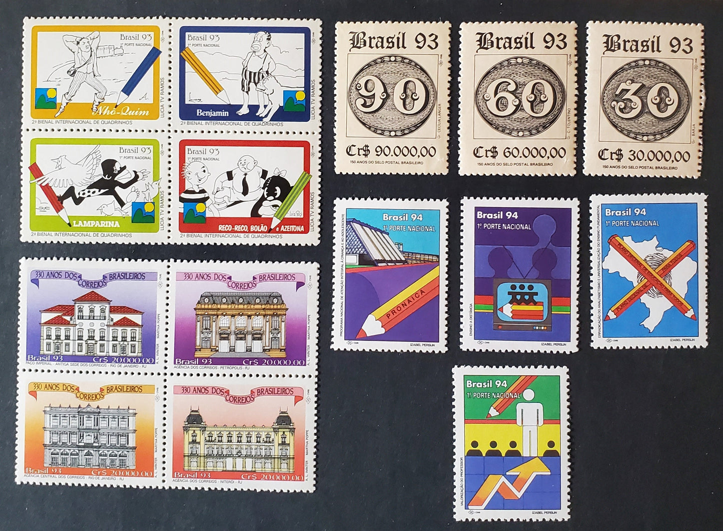 Brazil SC#2411/2435a 1993-1994 1st Brazilian Postage Stamps - National Literacy Program Issues, 7 VFNH Singles & 2 Blocks of 4, Click on Listing to See ALL Pictures, 2017 Scott Cat. $18.35