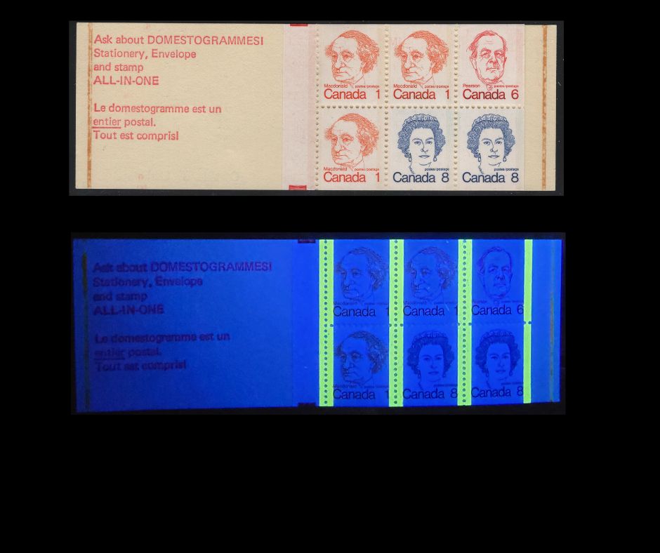 Canada #BK74lvar 1c, 6c, 8c Pale Orange - Royal Blue John A. Macdonald - Queen Elizabeth II, 1973-1978 Caricature Issue, A VFNH Complete Booklet Fluorescent Cover, MF Pane, Clear Sealer